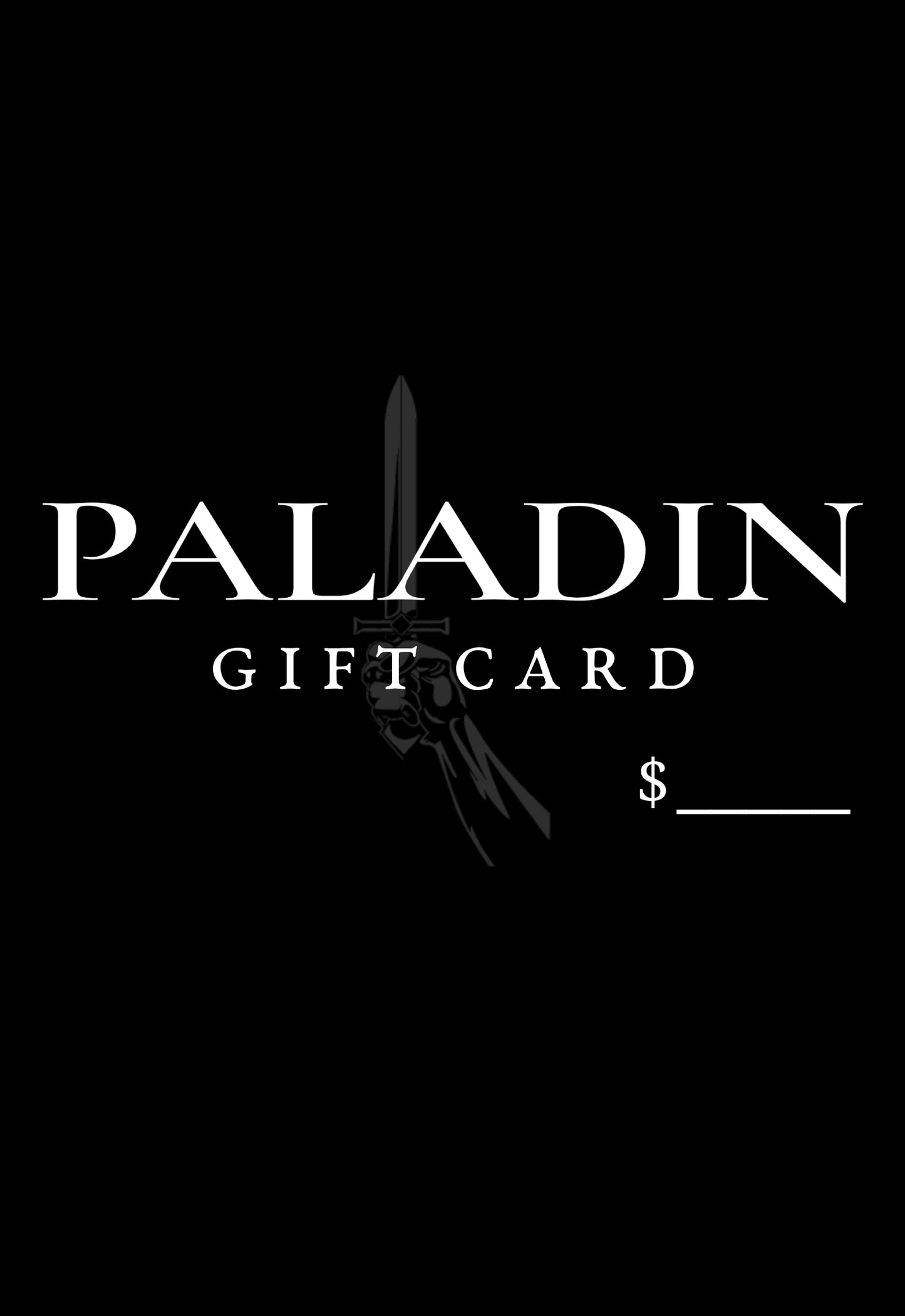 Black gift card with 'Paladin' branding and a sword graphic on a black background
